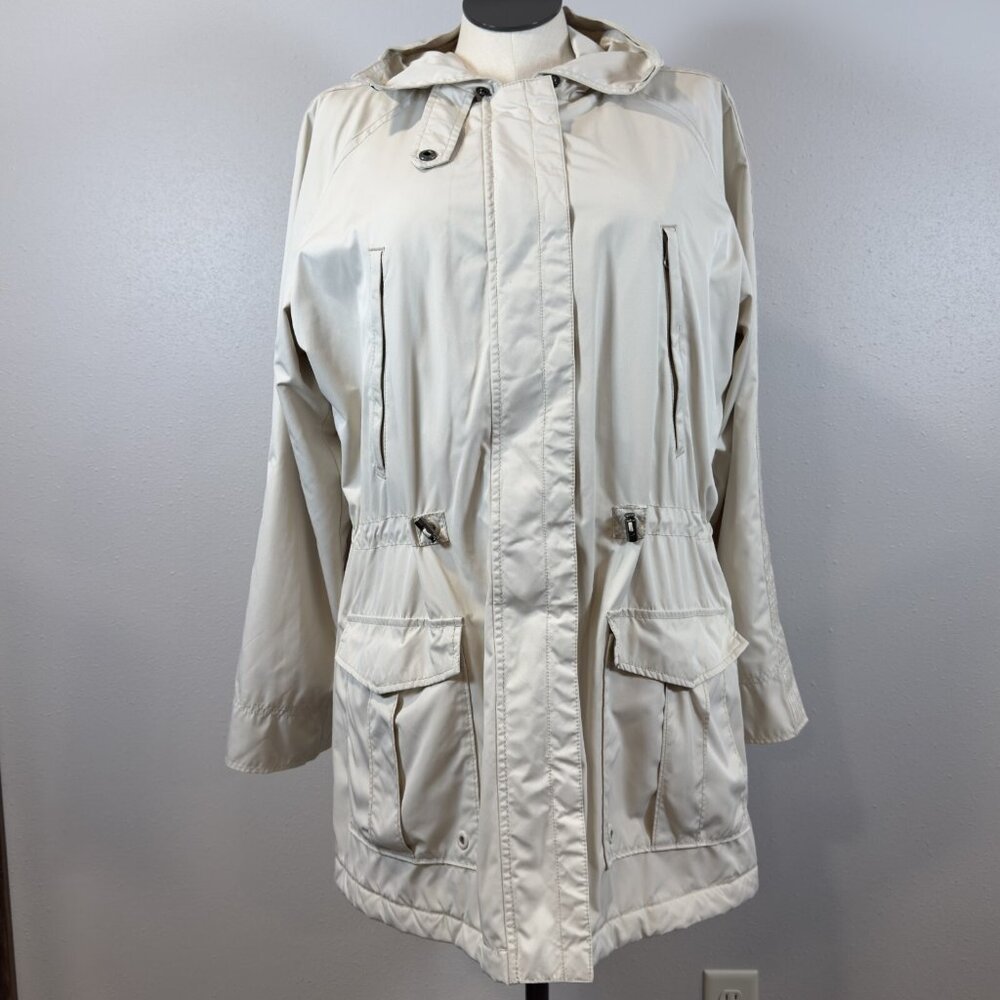 Gap Womens Light Khaki Jacket Concealed Hood Snap Zip Quilted Liner Size XL
